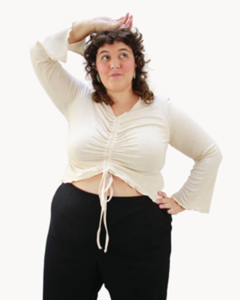 Front of a model wearing a size L Addy Ruched Top in OAT by Lovefool. | dia_product_style_image_id:249720